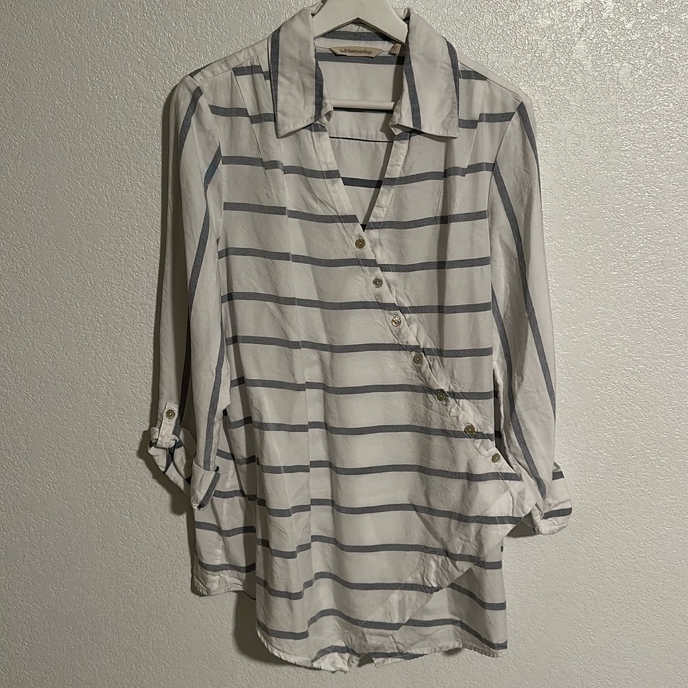 Soft Surroundings Asymmetrical Striped Roll Tab Sleeves Blouse Size Large